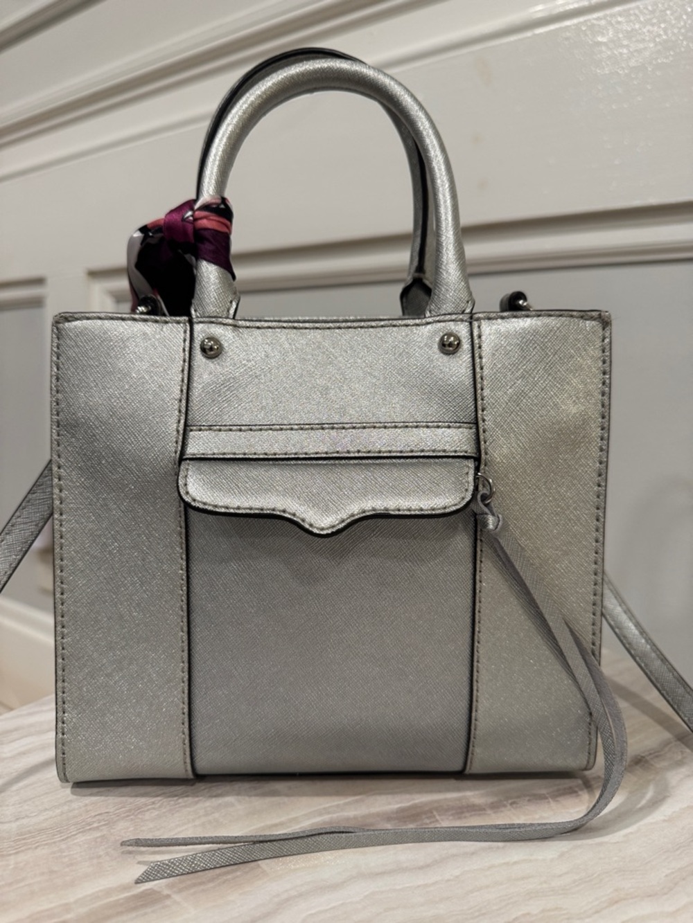 Rebecca Minkoff Mini Tote M.A.B. Silver Saffiano Leather Crossbody - Picture 5 of 17